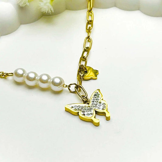 Pearl with Twin Butterfly Charms Necklace