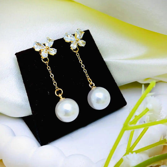 Pearl Drop with flower Gold Earrings